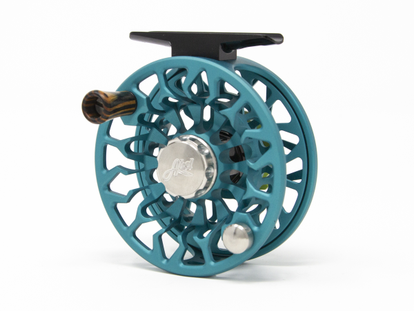 Abel SDF 4/5 Fly Reel Custom Shop Satin Teal Native Brook Trout Handle Back